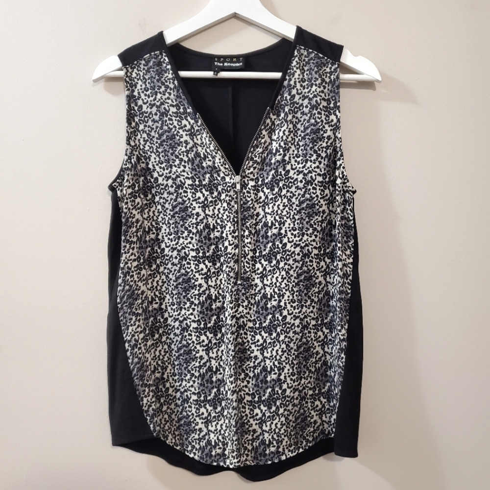 The Kooples - Black & White Leopard Print Sleeveless Top w/ Silk Front - Size S